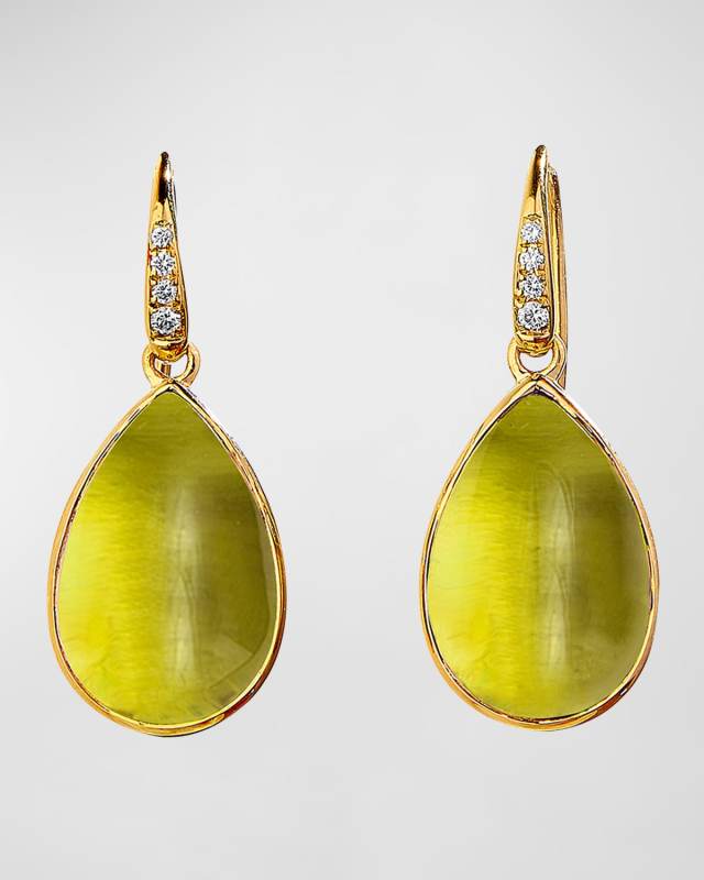 Yellow Gold Lemon Quartz Pear Earrings with Champagne Diamonds